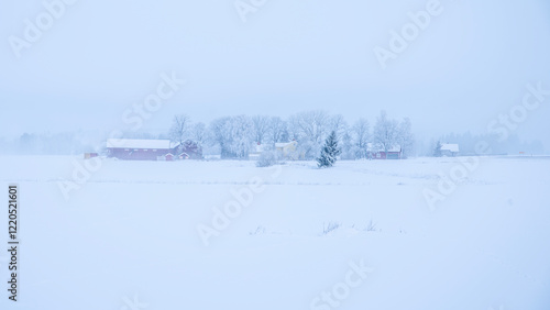 Farm barn and house in a cold winter landscape with snow and frost