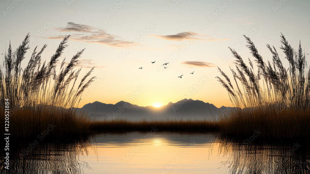 serene wetland ecosystem with birds, reeds, and sunset reflection serene wetland ecosystem with birds, reeds, and sunset reflection