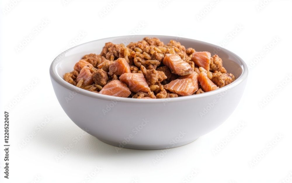 A shiny ceramic bowl filled with premium cat food featuring salmon chunks and brown rice, isolated on a bright white background A shiny ceramic bowl filled with premium cat food featuring salmon chunks and brown rice, isolated on a bright white background