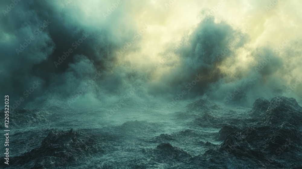 Stormy landscape, rocky terrain, dramatic clouds, sunset glow Stormy landscape, rocky terrain, dramatic clouds, sunset glow