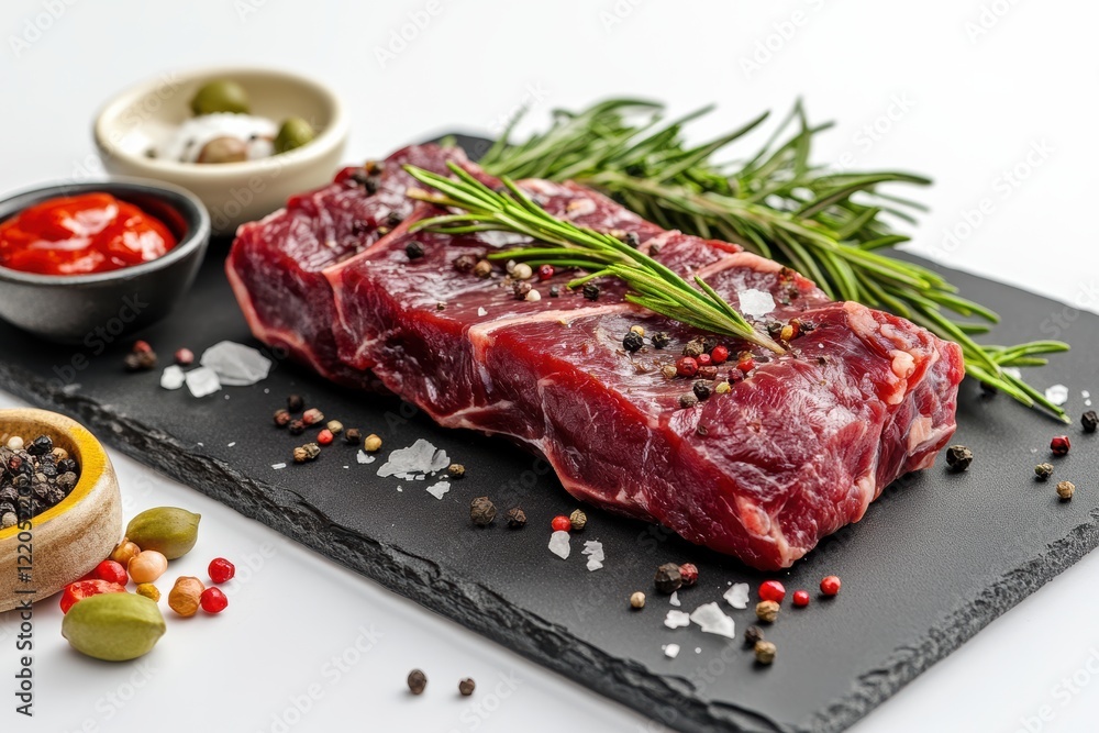 A vibrant display of fresh raw meat garnished with rosemary and sprinkled with various spices, set against a sleek background for culinary inspiration. A vibrant display of fresh raw meat garnished with rosemary and sprinkled with various spices, set against a sleek background for culinary inspiration.