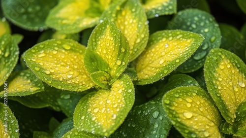 Dew-kissed variegated leaves, garden closeup, rain background, nature design photo