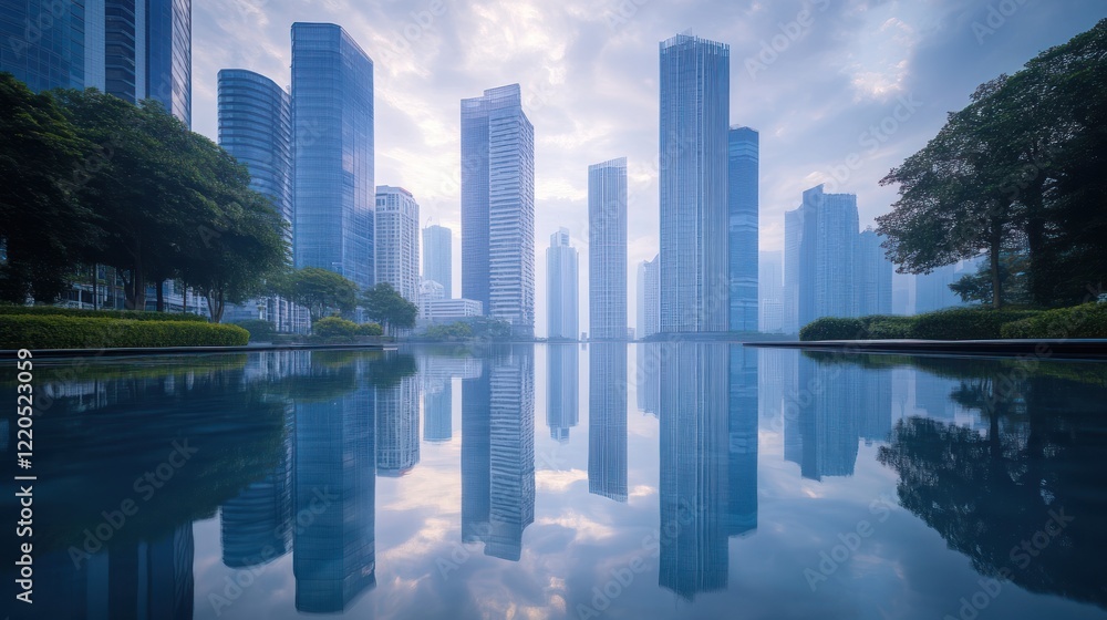 Obraz premium Cityscape reflection, misty dawn, urban park, tranquil scene, business