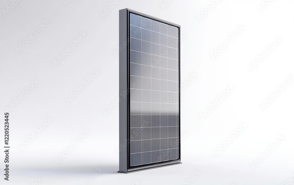 A single solar panel standing upright with visible grid details and a realistic metallic frame, isolated on a clean white background A single solar panel standing upright with visible grid details and a realistic metallic frame, isolated on a clean white background