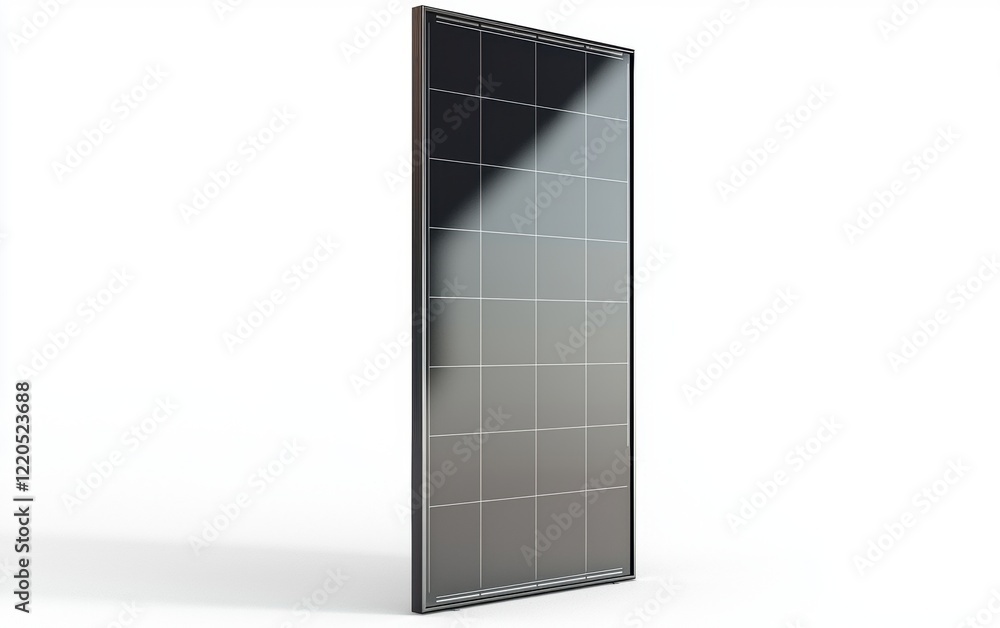 A single solar panel standing upright with visible grid details and a realistic metallic frame, isolated on a clean white background A single solar panel standing upright with visible grid details and a realistic metallic frame, isolated on a clean white background