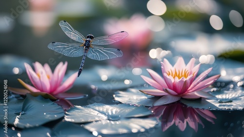 Dragonfly flying above pink water lilies in pond, sunrise