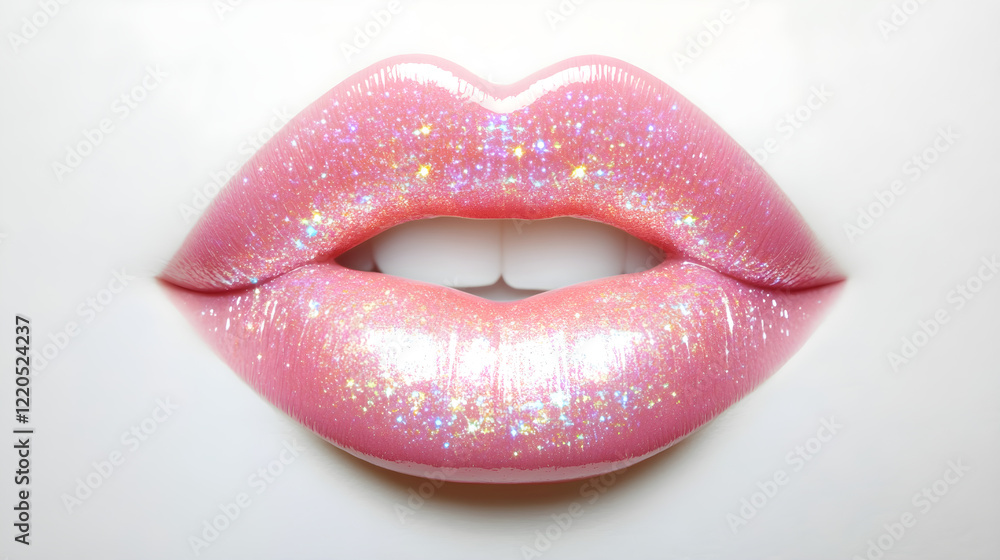 Obraz premium A pair of glossy pink lips with a sparkling highlight