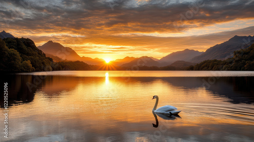 Fototapeta Naklejka Na Ścianę i Meble -  tranquil lake reflecting mountains and lone swan at sunset