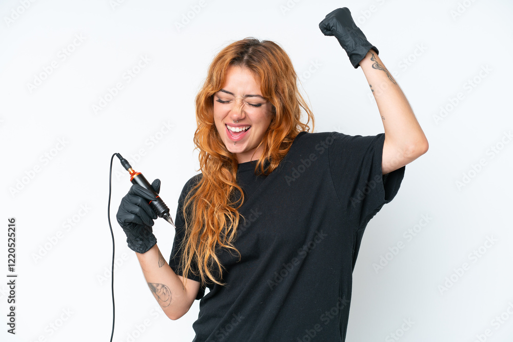 Φωτογραφία Tattoo artist caucasian woman isolated on white background celebrating a victory
