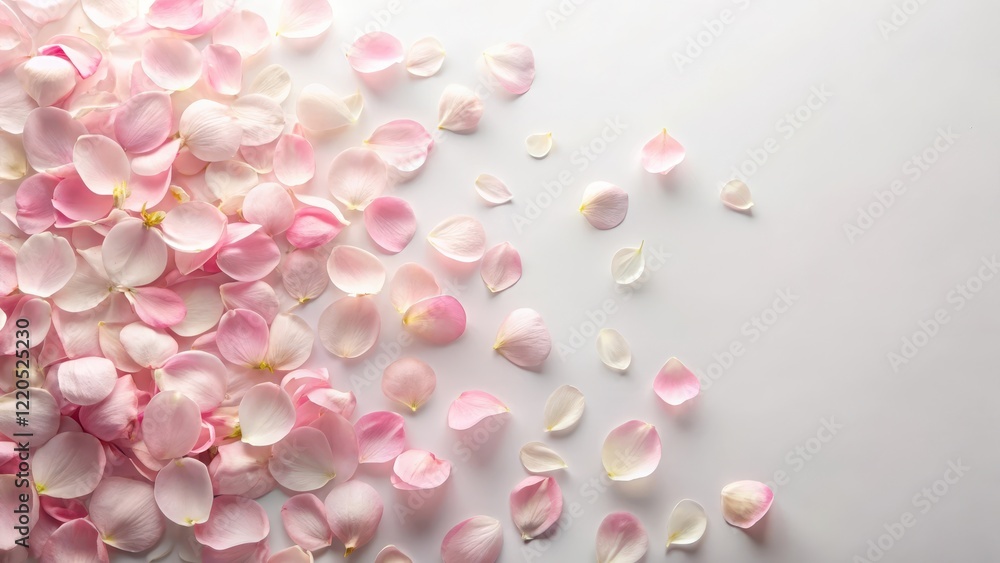 Obraz premium Pastel pink flower petals scattered on a soft white background creating a whimsical and romantic atmosphere, whimsy, pink floral allover