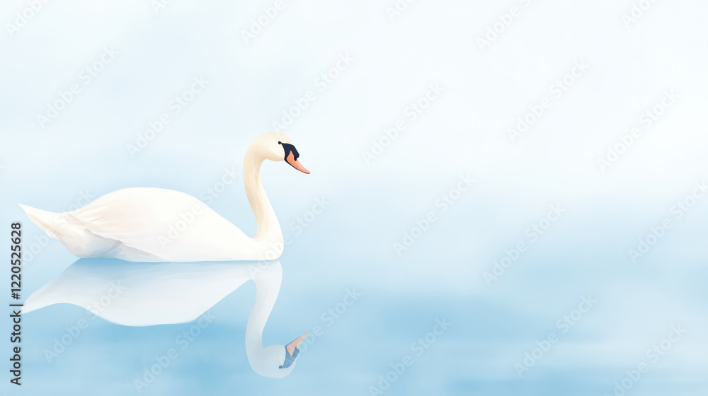 Fototapeta premium serene swan gliding on calm water in foggy landscape, evoking tranquility