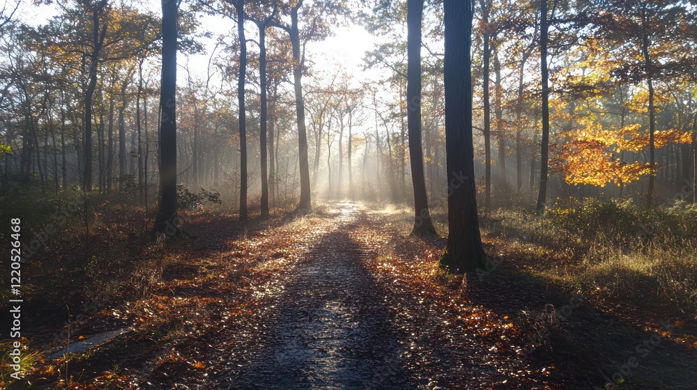 Obraz premium Sunlit autumn forest path, misty morning, nature wallpaper