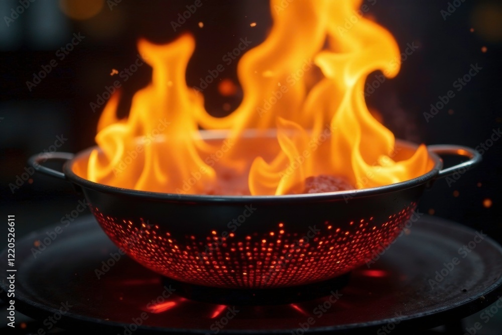 Fiery dance of red and yellow flames swirling around a metal colander, cooking equipment, hot surfaces Fiery dance of red and yellow flames swirling around a metal colander, cooking equipment, hot surfaces