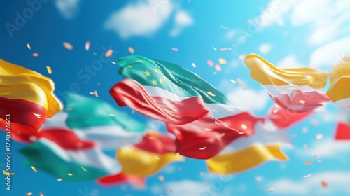 CelebrationFlags waving, confetti, sky, event, festive photo