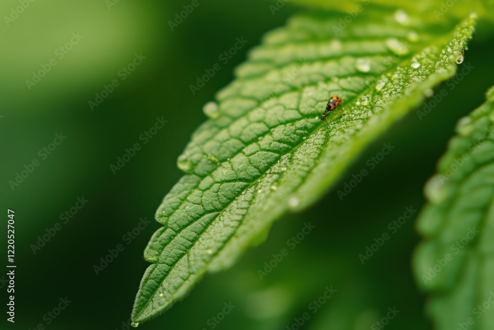 Ladybug on dewy green leaf.