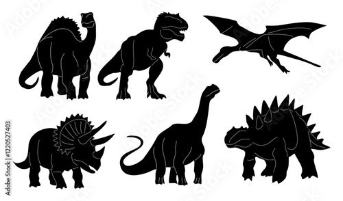 Set of different dinosaurs black silhouettes. Monochrome vector illustrations isolated on transparent background