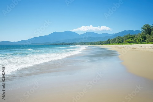 Tropical beach, waves, mountains, sunny sky, vacation photo