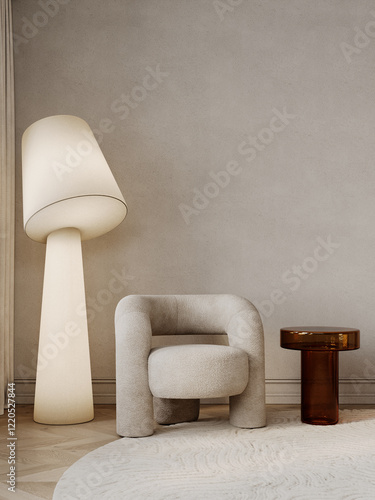 Beige modern classic interior with armchair, orange glass coffee table and floor lamp. 3d render illustration mockup.