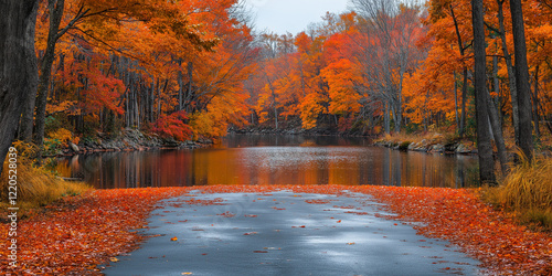 Autumn leaves fall over tranquil lake forest retreat nature photography serene environment scenic viewpoint seasonal beauty