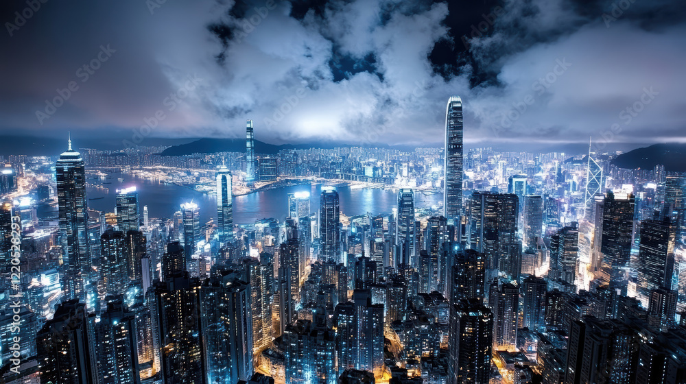 Fototapeta premium Stunning city skyline at night with glowing lights and clouds