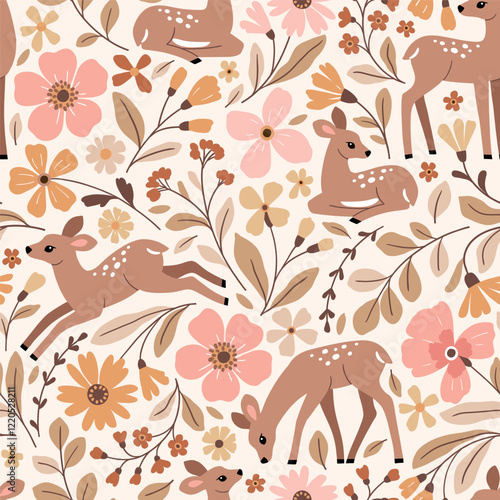 Seamless vector pattern with cute fawn on floral background. Hand drawn woodland illustration. Perfect for textile, wallpaper or print design. EPS10 vector file.
