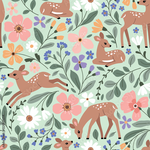 Seamless vector pattern with cute fawn on floral background. Hand drawn woodland illustration. Perfect for textile, wallpaper or print design. EPS10 vector file.