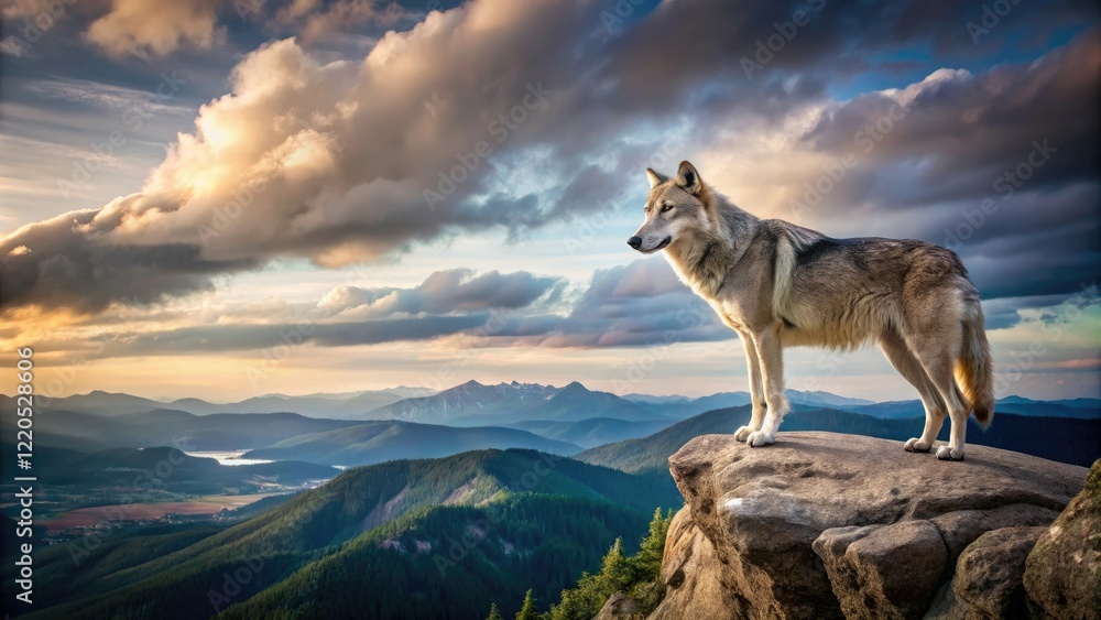 Fototapeta premium A lone gray wolf standing on a rocky cliff overlooking a vast landscape, panoramic view, rock formation, vast landscape