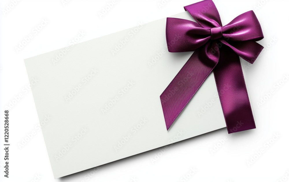 A white gift voucher with a vibrant purple ribbon and bow positioned on the top right corner, with blank space for text, isolated on a bright white background A white gift voucher with a vibrant purple ribbon and bow positioned on the top right corner, with blank space for text, isolated on a bright white background