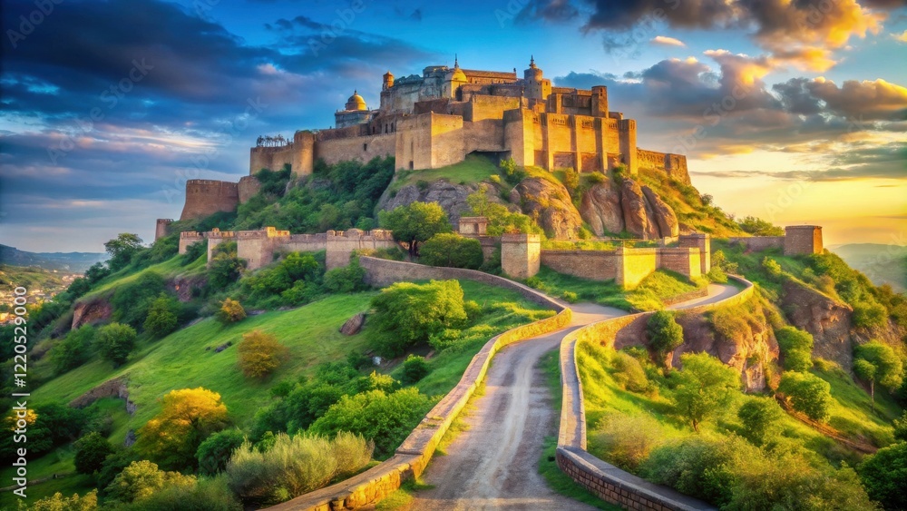 Fototapeta premium Ancient Hilltop Fortress at Sunset A Majestic View of Stone Walls, Winding Roads, and Lush Green Hills
