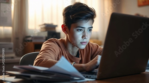 Focused young person working on laptop at cluttered desk indoors