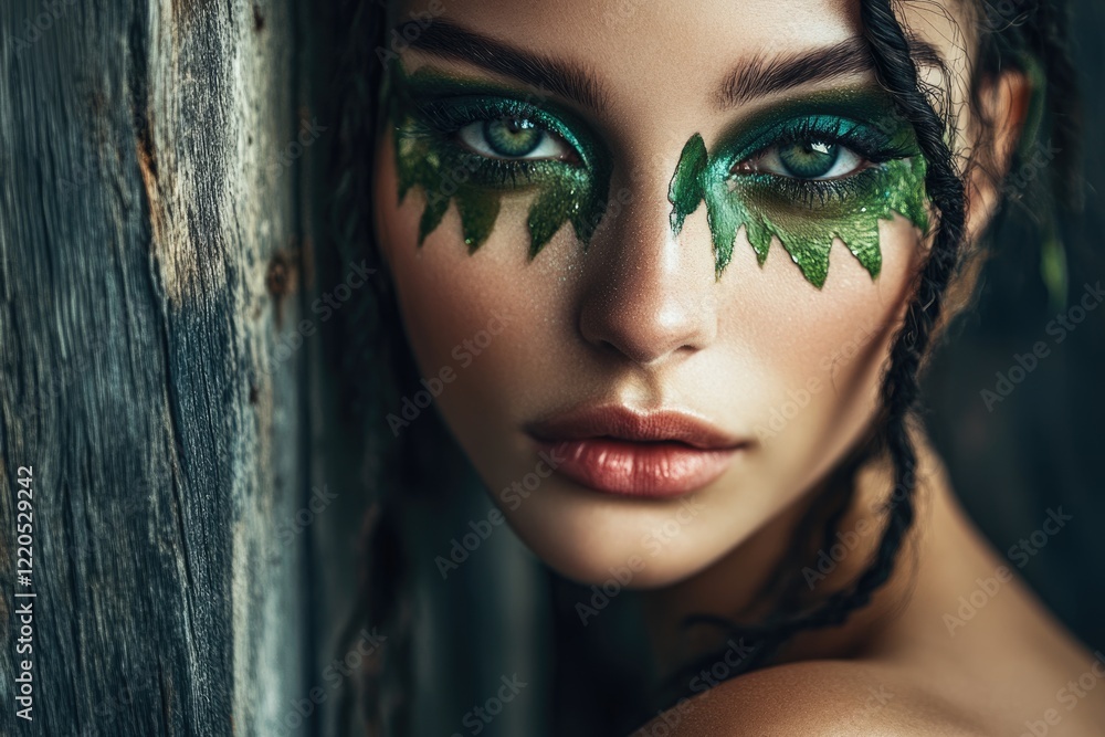 Fototapeta premium A woman with intricate green leaf makeup, gazing intensely, showcasing dramatic eye makeup and dark braided hair.