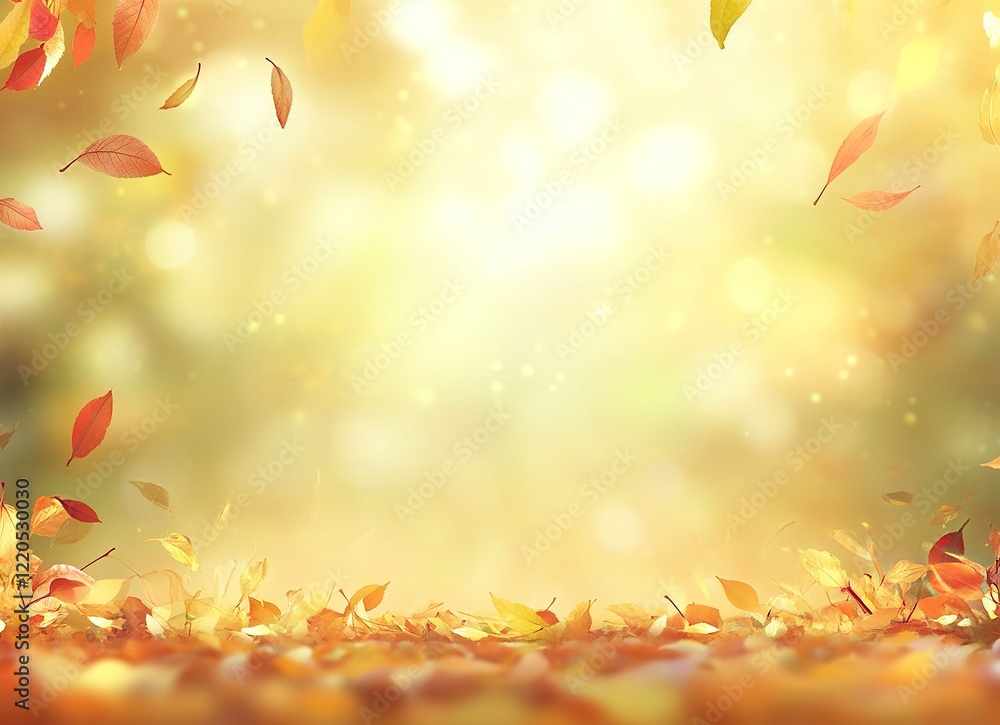 Fototapeta premium Autumn background with beautiful, colorful leaves and sunlight in a park. Autumn nature scene with generative ai