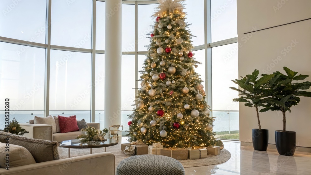 A luxurious Christmas tree in a modern living room adorned with sparkling decorations and elegant ornaments, modern home, high-end furnishings