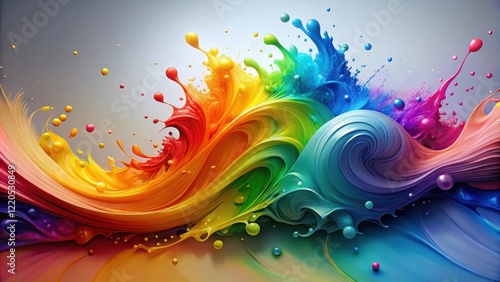 A vibrant, swirling wave of rainbow-colored paint explodes in a dynamic splash of color and energy.