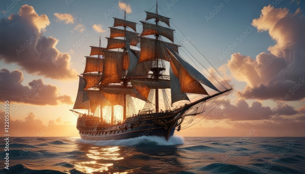 A majestic sailing ship glides effortlessly across the calm waters, sailcloth billowing, serene ocean, wooden hull A majestic sailing ship glides effortlessly across the calm waters, sailcloth billowing, serene ocean, wooden hull