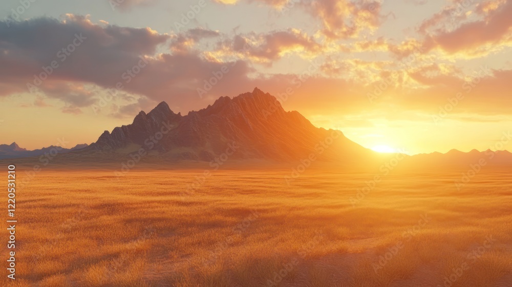 Sunset over plains, majestic mountain backdrop, hazy field, golden light, travel poster Sunset over plains, majestic mountain backdrop, hazy field, golden light, travel poster