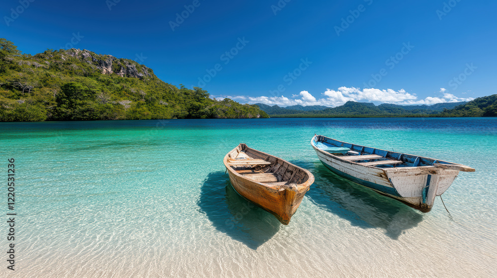 Tranquil bay with traditional fishing boats anchored in clear water Tranquil bay with traditional fishing boats anchored in clear water