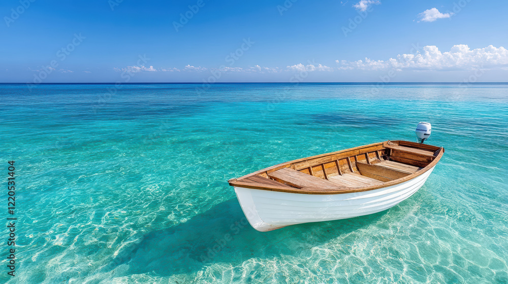 Naklejka premium traditional wooden boat anchored in calm turquoise bay, reflecting serenity