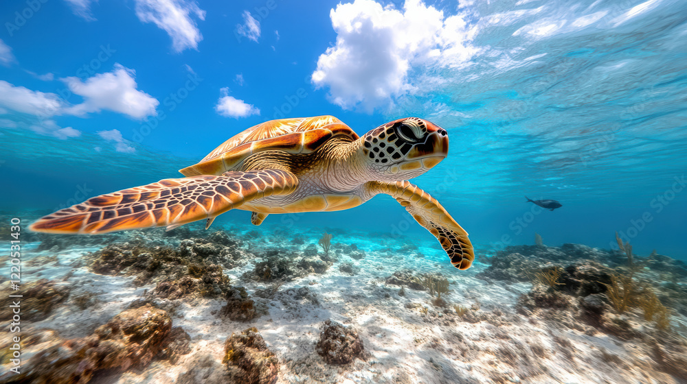 Obraz premium Underwater shot of sea turtle gliding gracefully in clear blue water