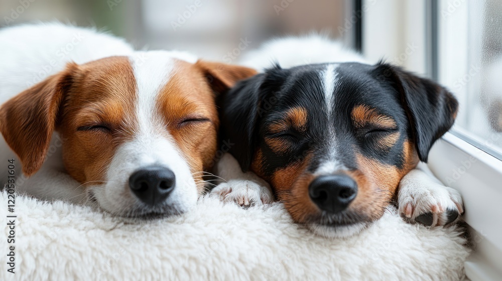 Two Jack Russell dogs sleeping windowsill, cozy Two Jack Russell dogs sleeping windowsill, cozy