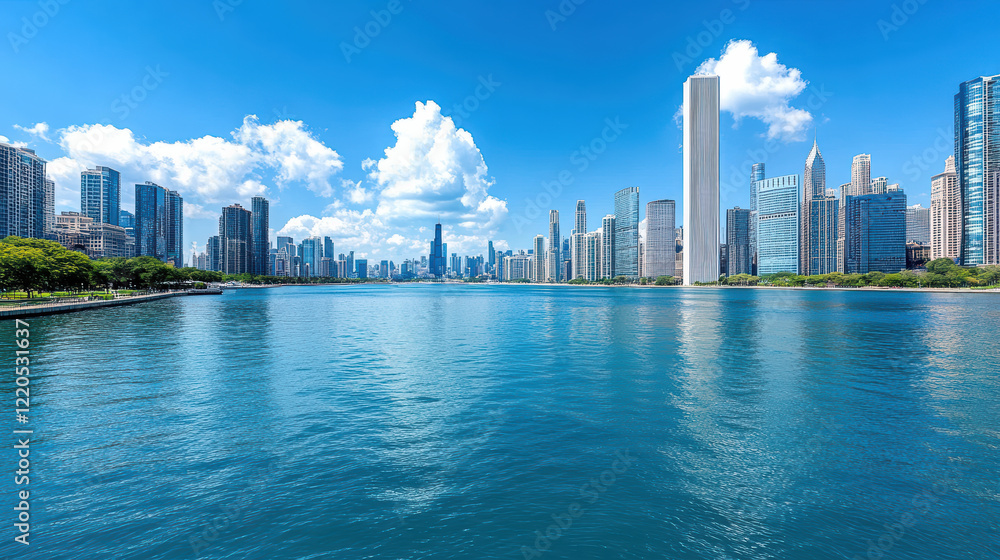 Naklejka premium Urban skyline with financial district buildings and serene river view