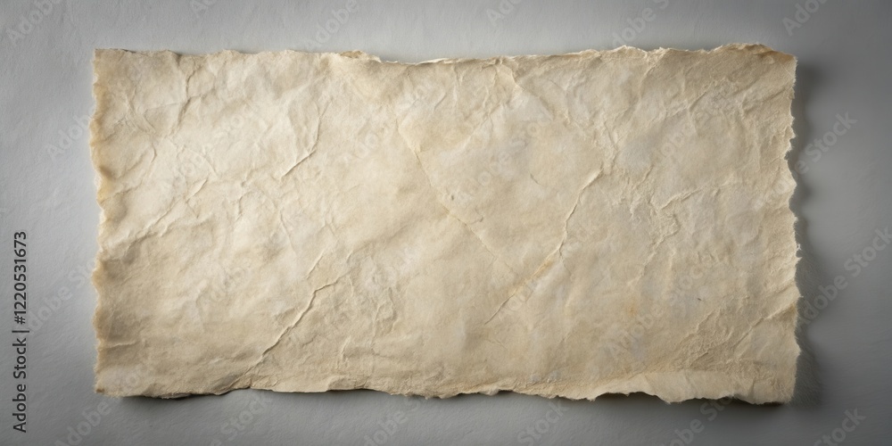 Obraz premium A weathered, crumpled sheet of antique paper with irregular edges rests on a neutral background