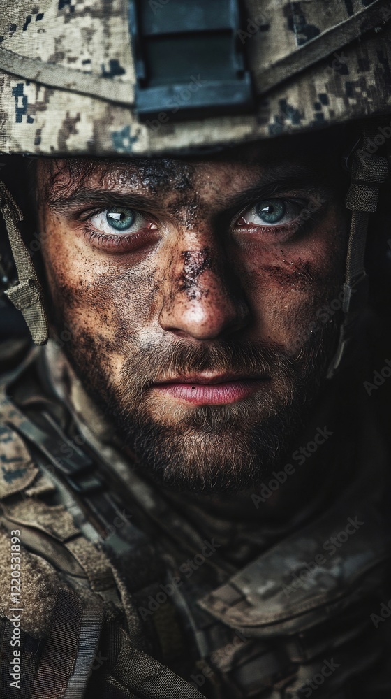 Intense Portrait of Battle-Hardened Soldier with War Scars Highlighting Grit, Toughness, and Resilience in Military Combat Setting, Generative AI Intense Portrait of Battle-Hardened Soldier with War Scars Highlighting Grit, Toughness, and Resilience in Military Combat Setting, Generative AI