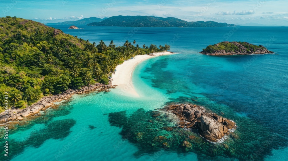 Breathtaking aerial view of a stunning tropical beach. Crystal clear waters meet lush greenery. A perfect paradise for relaxation and adventure. Generative AI Breathtaking aerial view of a stunning tropical beach. Crystal clear waters meet lush greenery. A perfect paradise for relaxation and adventure. Generative AI