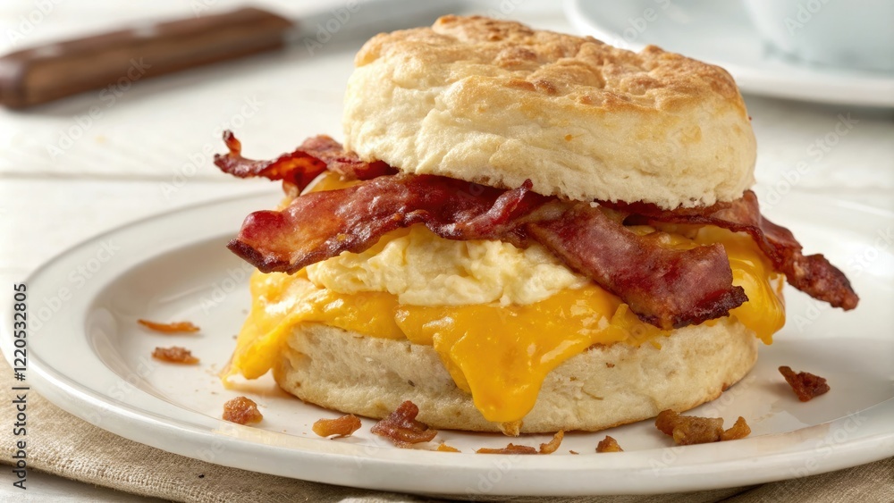 A mouthwatering breakfast food made from a flaky biscuit filled with a rich and creamy egg and cheese mixture, topped with crunchy bacon strips, savory pastry, cheese, baked goods, breakfast sandwich A mouthwatering breakfast food made from a flaky biscuit filled with a rich and creamy egg and cheese mixture, topped with crunchy bacon strips, savory pastry, cheese, baked goods, breakfast sandwich