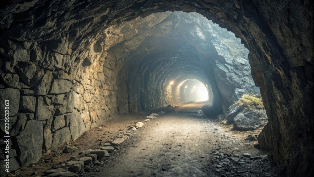 Obraz premium A narrow winding tunnel made of stone or concrete with a glowing light at the end casting an ethereal glow on the surrounding rocks and dust, abandoned, bright light