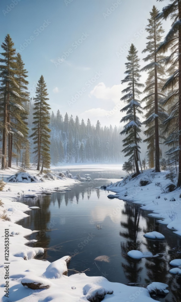 A peaceful snow-covered forest with tall pine trees and a frozen lake in the background, stillness of nature, frosty landscape A peaceful snow-covered forest with tall pine trees and a frozen lake in the background, stillness of nature, frosty landscape