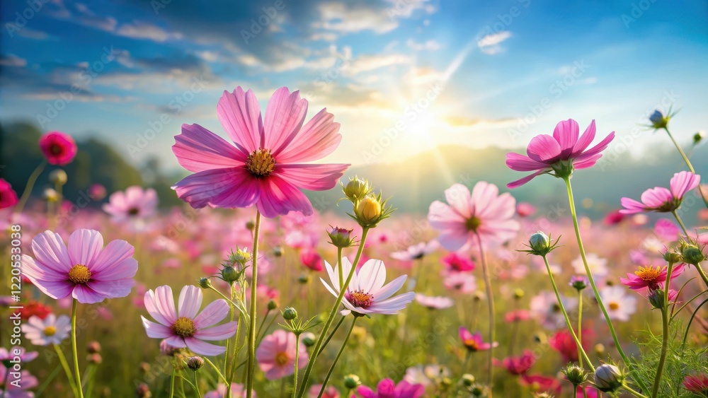 A vast expanse of vibrant cosmos flowers swaying gently in the breeze, their delicate petals dancing across a sun-drenched meadow, , beautiful flowers A vast expanse of vibrant cosmos flowers swaying gently in the breeze, their delicate petals dancing across a sun-drenched meadow, , beautiful flowers