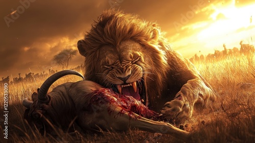 Majestic lion devouring prey at sunset in African savanna.