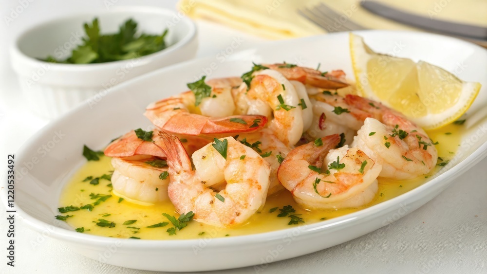 A plate of cooked shrimps served in a shallow bowl-shaped dish topped with a light yellow lemon sauce and chopped parsley leaves, restaurant, herbs, dish, cooking method A plate of cooked shrimps served in a shallow bowl-shaped dish topped with a light yellow lemon sauce and chopped parsley leaves, restaurant, herbs, dish, cooking method